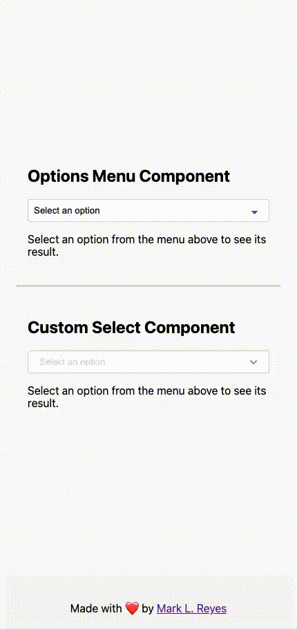 Select menu written as a Reactive Form component & custom component then styled to look like Material Design.